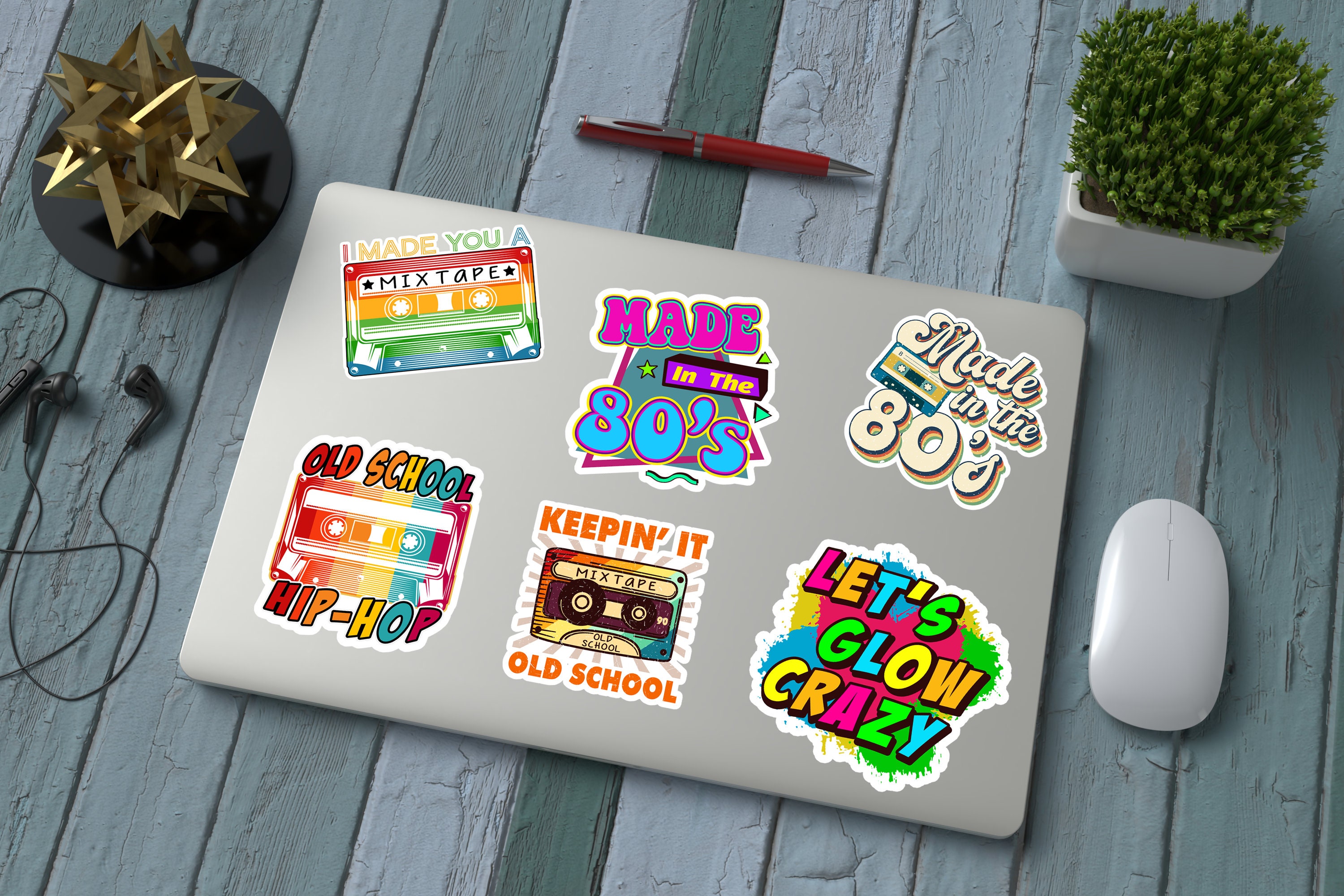 8Os 1980's Retro Vintage Vinyl Sticker Decals Set Bundle of 6