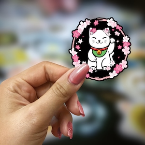 Autocollant de chat chanceux Maneki Neko fait à la main | Autocollants japonais agitant le chat Sakura Cherry Blossom | Aimant de réfrigérateur Maneki-Neko