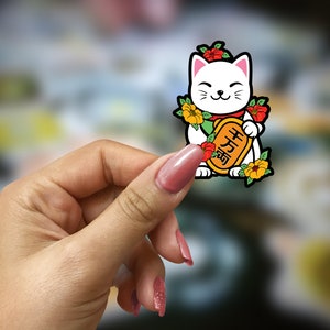 Lucky Cat Maneki Neko Floral Cat Sticker Handmade | Japanese Waving Cat Stickers | Fridge Magnet Maneki-Neko