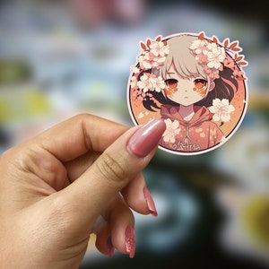 Anime Kawaii Sticker Sakura Girl Cherry Blossom, Water resistant Die Cut Sticker or Magnet