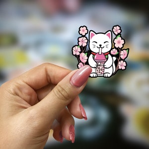Lucky Cat Maneki Neko Boba Tea Cat Sticker Handmade | Japanese Waving Cat Sakura Cherry Blossom Stickers | Fridge Magnet Maneki-Neko