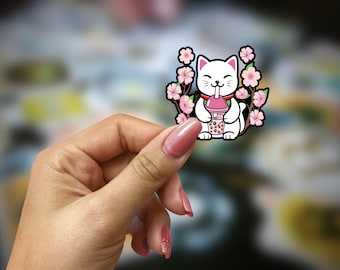 Lucky Cat Maneki Neko Boba Tea Cat Sticker Handmade | Japanese Waving Cat Sakura Cherry Blossom Stickers | Fridge Magnet Maneki-Neko
