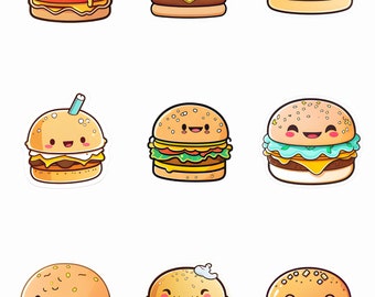 Burger Bliss: Adorable Cartoon Burger Sticker Sheet (9 Sticker)