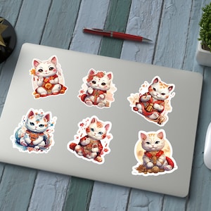 Lucky Cat Maneki Neko Cat Stickers | Japanese Cat Sakura Cherry Blossom Stickers Vinyl Decal Bundle Set of 6