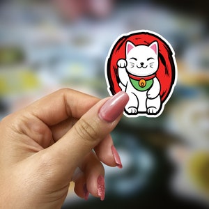 Lucky Cat Maneki Neko Red Cat Sticker Handmade | Japanese Waving Cat Stickers | Fridge Magnet Maneki-Neko