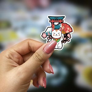 Lucky Cat Maneki Neko Torri Gate Cat Autocollant fait à la main | Autocollants japonais de chat agitant | Aimant de réfrigérateur Maneki-Neko
