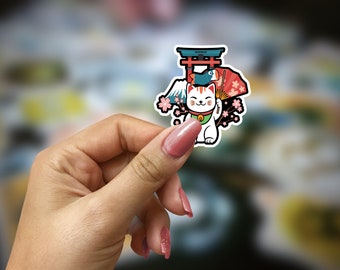Lucky Cat Maneki Neko Torri Gate Cat Sticker Handmade | Japanese Waving Cat Stickers | Fridge Magnet Maneki-Neko