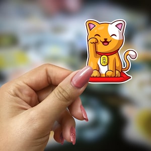 Lucky Cat Maneki Neko Cat Sticker Handmade | Japanese Waving Cat Stickers | Fridge Magnet Maneki-Neko