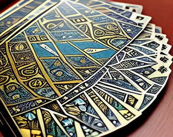 May include: A deck of playing cards with a blue, gold, and black geometric design. The cards are fanned out in a circular pattern.