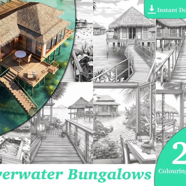 24 Overwater Bungalows Coloring Book - Adults Kids Coloring Pages, Instant Download, Grayscale Coloring Book, Printable PDF File