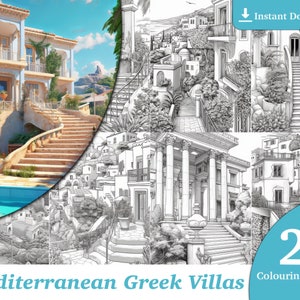 24 Mediterranean Greek Villas Coloring Book - Adults Kids Coloring Pages, Instant Download, Grayscale Coloring Book, Printable PDF File