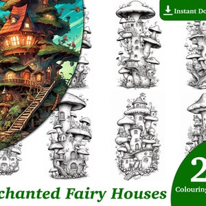 24 Enchanted Fairy Houses Coloring Book - Adults Kids Coloring Pages, Instant Download, Grayscale Coloring Book, Printable PDF File