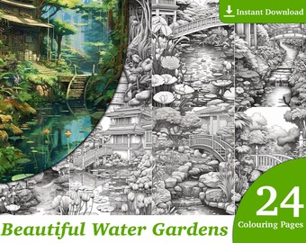 May include: A set of 24 coloring pages featuring beautiful water gardens. The pages include detailed drawings of bridges, ponds, flowers, and other garden elements.  The coloring pages are perfect for adults and children who enjoy relaxing and creative activities.