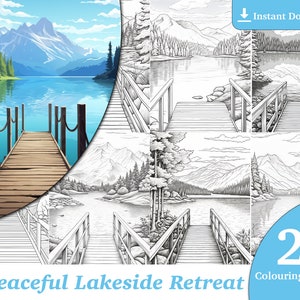 24 Peaceful Lakeside Retreat Coloring Book - Adults Kids Coloring Pages, Instant Download, Grayscale Coloring Book, Printable PDF File