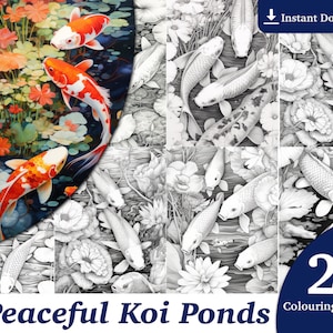 24 Peaceful Koi Ponds Coloring Book - Adults Kids Coloring Pages, Instant Download, Grayscale Coloring Book, Printable PDF File