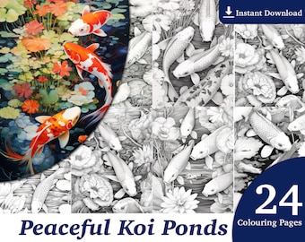 24 vreedzame Koi vijvers kleurboek - volwassenen kinderen kleurplaten, Instant Download, grijswaarden kleurboek, afdrukbaar PDF-bestand
