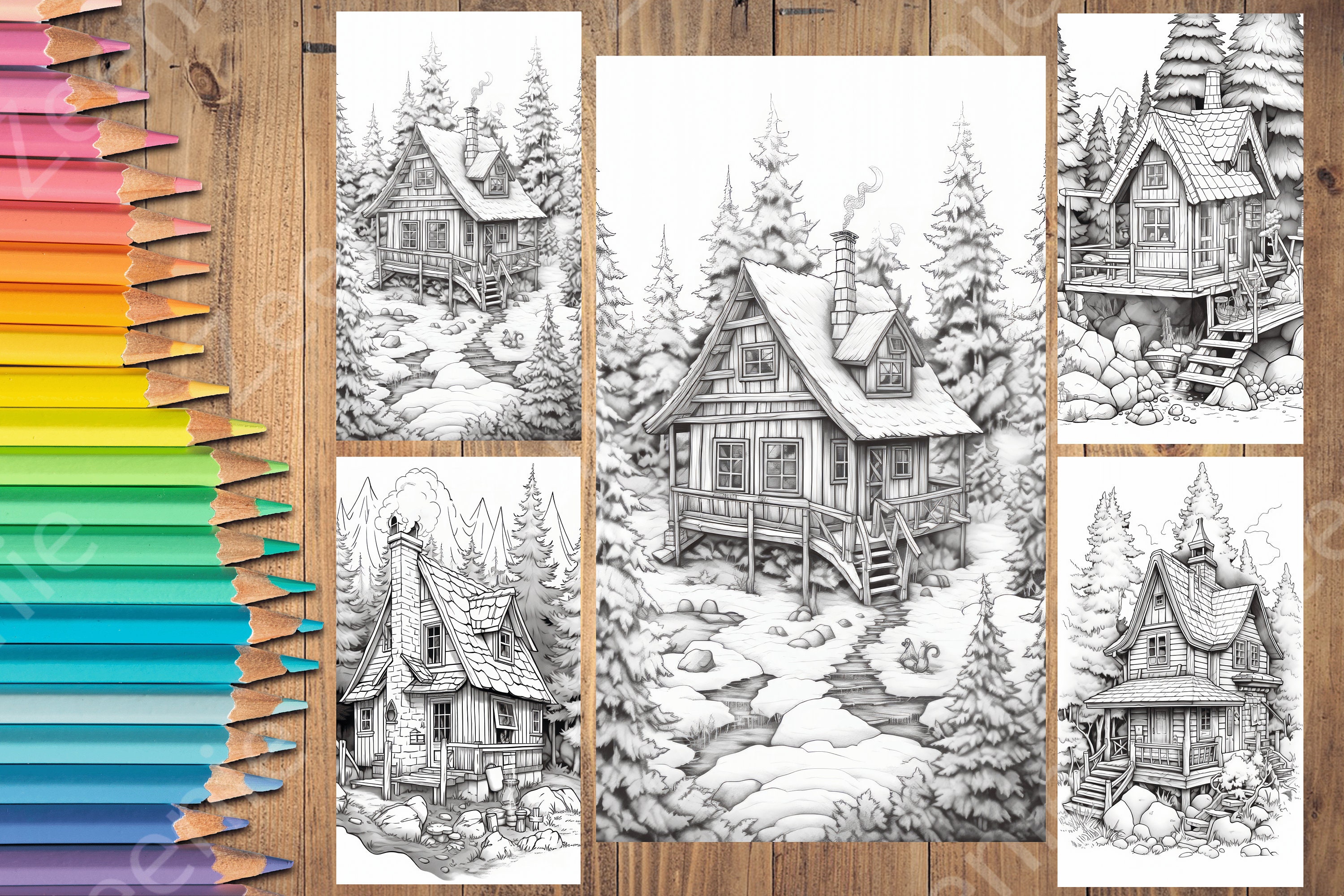 24 Cozy Cabins Coloring Book - Adults Kids Coloring Pages, Instant ...