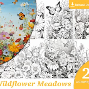 24 Wildflower Meadows Coloring Book - Adults Kids Coloring Pages, Instant Download, Grayscale Coloring Book, Printable PDF File