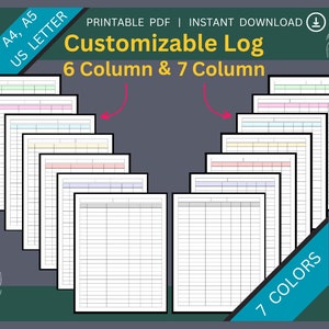 Aanpasbaar logboek met 6 kolommen | Aanpasbaar blad met 7 kolommen | Multifunctioneel logboek | Afdrukbare lege kolomsjabloon | Leeg diagram met 7 kolommen