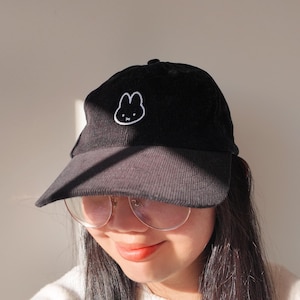 Embroidered Miffy-Inspired Cap | Bunny Corduroy Cap, Miffy Lover Gifts, Cute Bunny, Clean Rabbit, Minimalist Cap, Black Cap, Gifts for Her