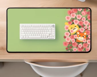 Cat & Corgi Mouse Pad: Pink Flower Field Desk Mat