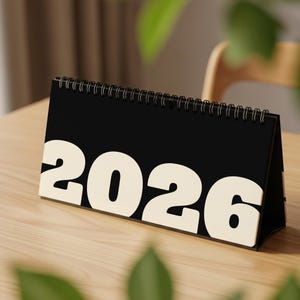 ミニマリスト 2026 デスクカレンダー、白黒タイポグラフィックデザイン、プランナー、オフィスデスク文具、美しいデスクセットアップ、クリエイティブな人へのギフト