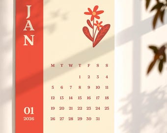 May include: A wall calendar for January 2026, featuring a cream background with a red vertical stripe on the left side. The calendar includes the days of the week, dates, and a floral illustration. The month "JAN" and the date "01" are prominently displayed.