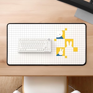 Miffy-Inspired Grid Desk Mat | Custom Illustrated Bunny Desk Mat, Large Mouse Pad, Customizable Colors, Gaming Desk Mat, Gifts for her