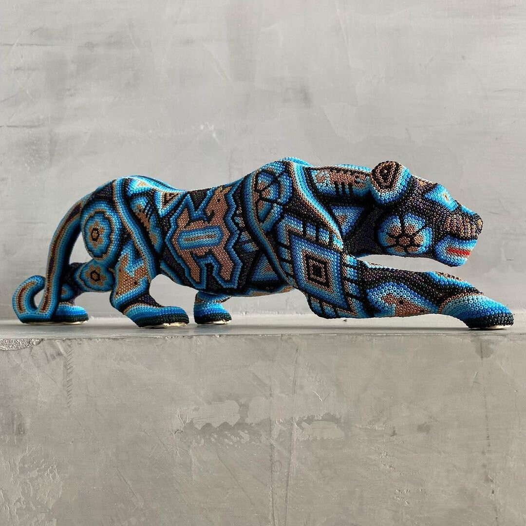 Jaguar Sculpture With Huichol Art, Beaded Wooden Jaguar Sculpture, Mexican Art, Wixarika Jaguar