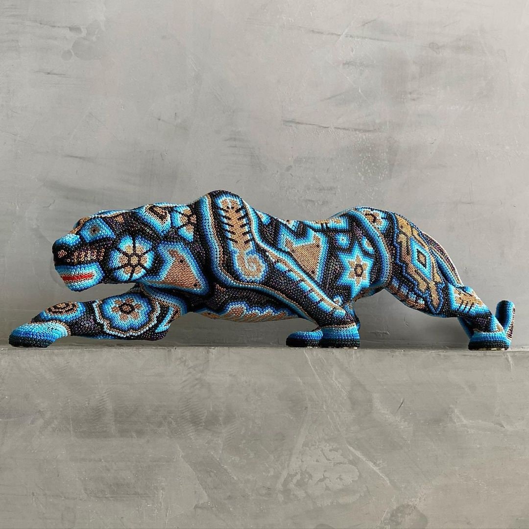 Jaguar Sculpture With Huichol Art, Beaded Wooden Jaguar Sculpture, Mexican Art, Wixarika Jaguar