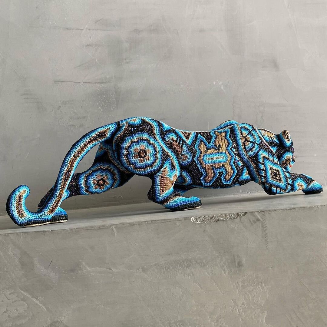Jaguar Sculpture With Huichol Art, Beaded Wooden Jaguar Sculpture, Mexican Art, Wixarika Jaguar