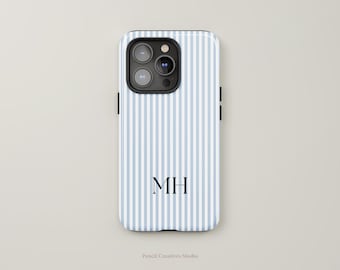 Personalised Phone Case, Trendy Blue and White Stripe, iPhone, Samsung, Google, Gift for Her, Gift for Him, Personalised Gift