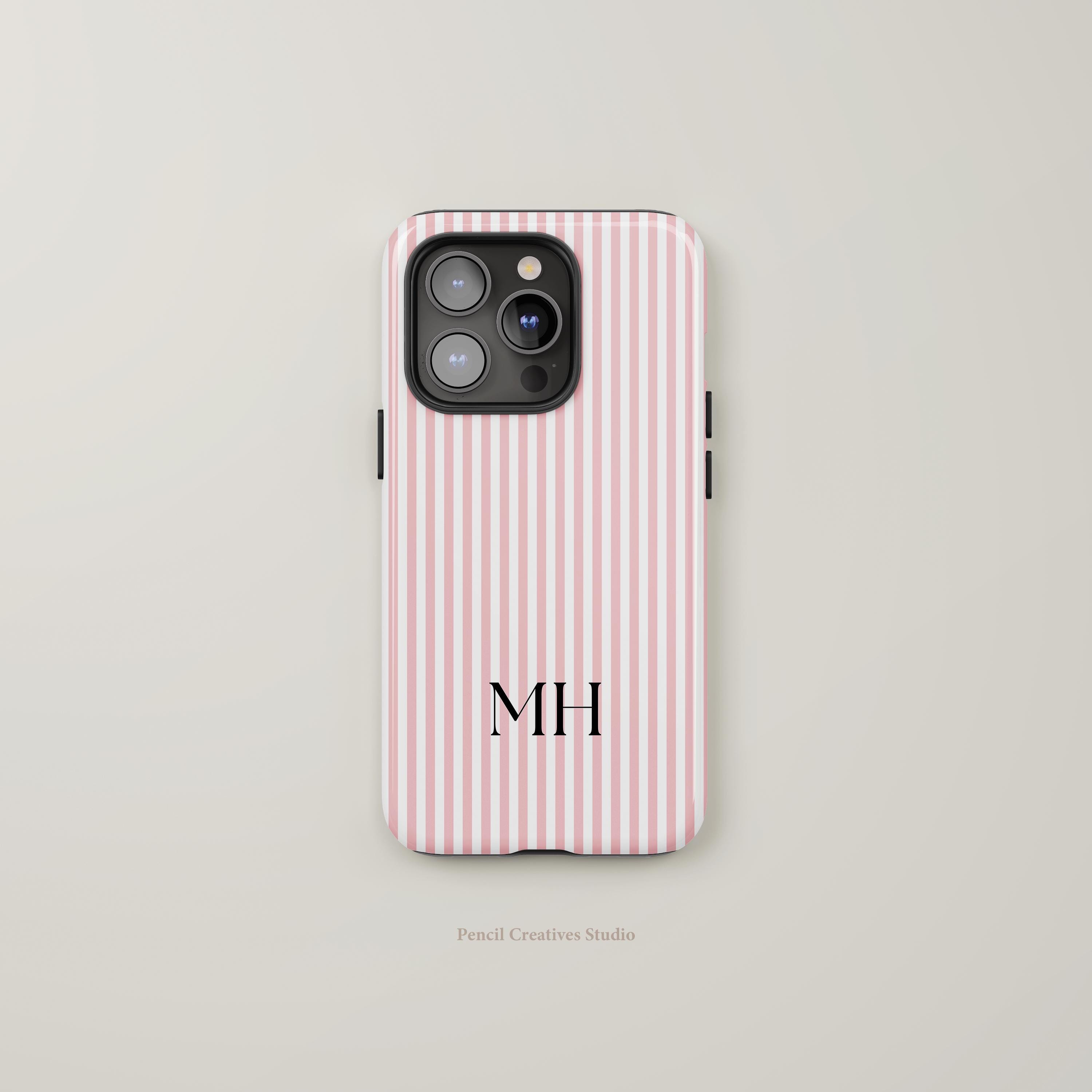 Personalized Phone Case with Monogram, Trendy Pink and White Stripe, Customizable iPhone, Samsung, Google, Gift for Her, Personalised Gift