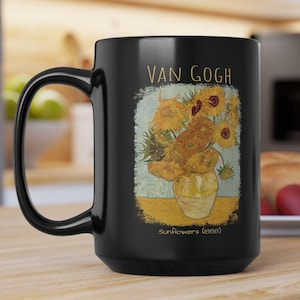 Sunflowers by Van Gogh Coffee Mug Famous Painting Mug Gift for Art Lovers, Vincent Van Gogh Black Mug 15oz, Gift for Artist Mug Collection