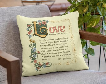 Romeo and Juliet by Shakespeare Square Pillow Romantic Ambiance Decor Quote for Elegant Living Room or Bedroom Love Poem Pillow Included
