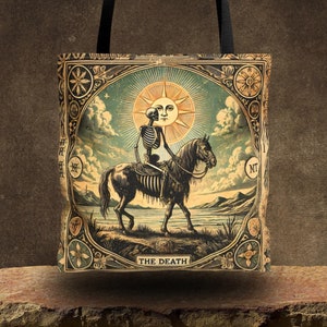 Gothic Tote Bag Vintage Death Tarot Card Design Reusable Shopping Bag Witchy Tote Bag Dark Art Gift Mystical Tote Boho Accessory for Occult