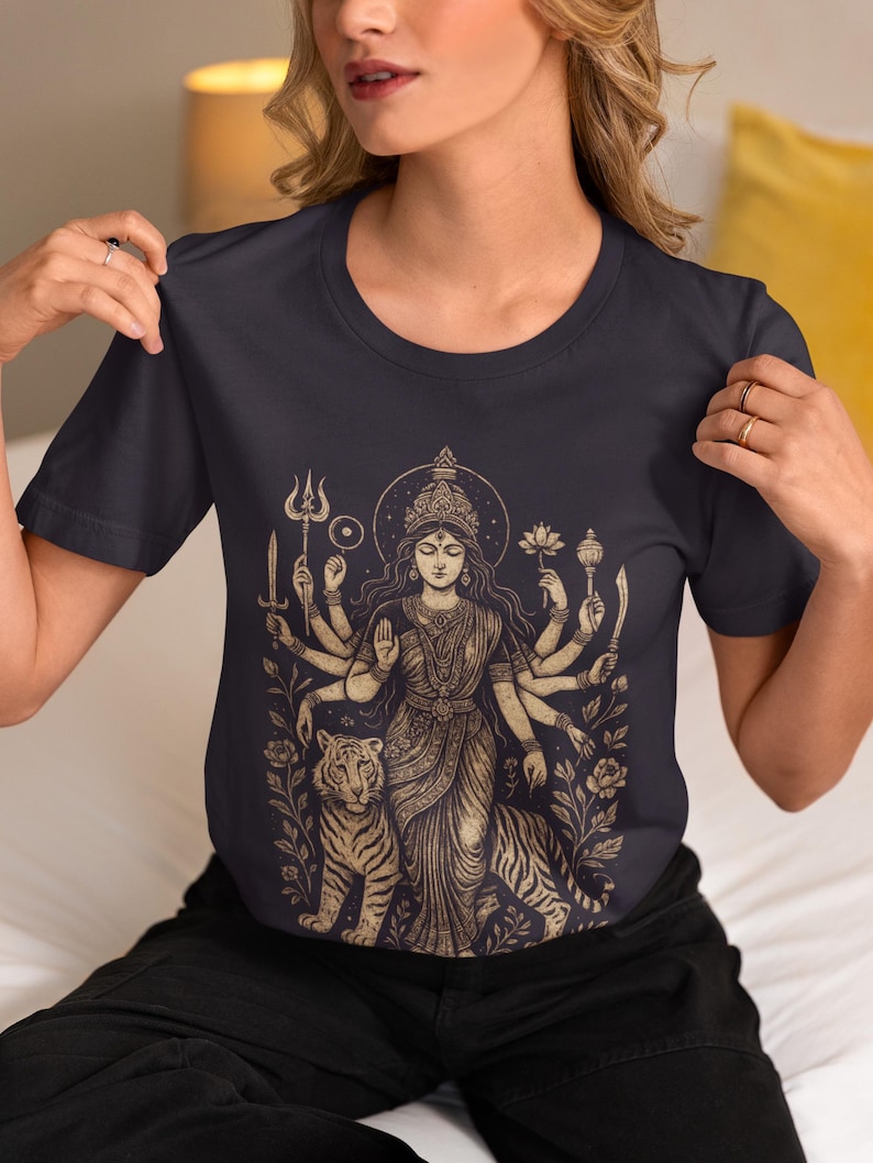 Hindu Goddess Durga T-shirt featuring a divine feminine design, perfect for spiritual lovers. Embrace the power of Durga with this occult mythology shirt. A unique dark goddess apparel piece for those who honor the sacred and mystical