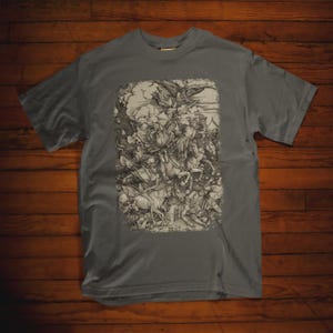 Albrecht Durer The Four Horsemen from The Apocalypse on a T-shirt. Detailed engraving of conquest, war, famine, and death in a classic, comfortable fit