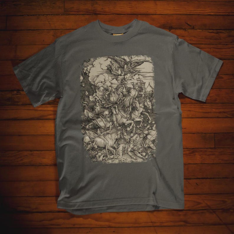 Albrecht Durer The Four Horsemen from The Apocalypse on a T-shirt. Detailed engraving of conquest, war, famine, and death in a classic, comfortable fit