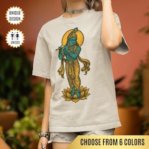 Krishna T-Shirt Spiritual Gift, Divine Hindu God Playing Flute on Lotus, Spiritual Indian Art Tee, Yoga Shirt, Meditation Tee, Boho Tee