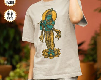 Camiseta de Krishna, regalo espiritual, dios hindú divino tocando la flauta en un loto, camiseta de arte indio espiritual, camiseta de yoga, camiseta de meditación, camiseta bohemia.