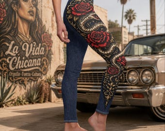 Snake Rose Leggings for Women: Chicana Tattoo Design Pants Denim Style Effect | Edgy Streetwear Outfit | Gothic Floral Clothing