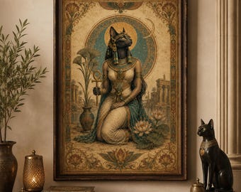 May include: A framed wall art print depicting a kneeling figure with a black cat head, wearing an ornate collar and draped clothing. The figure holds an ankh symbol near a papyrus plant and lotus flowers, set against a circular blue background.