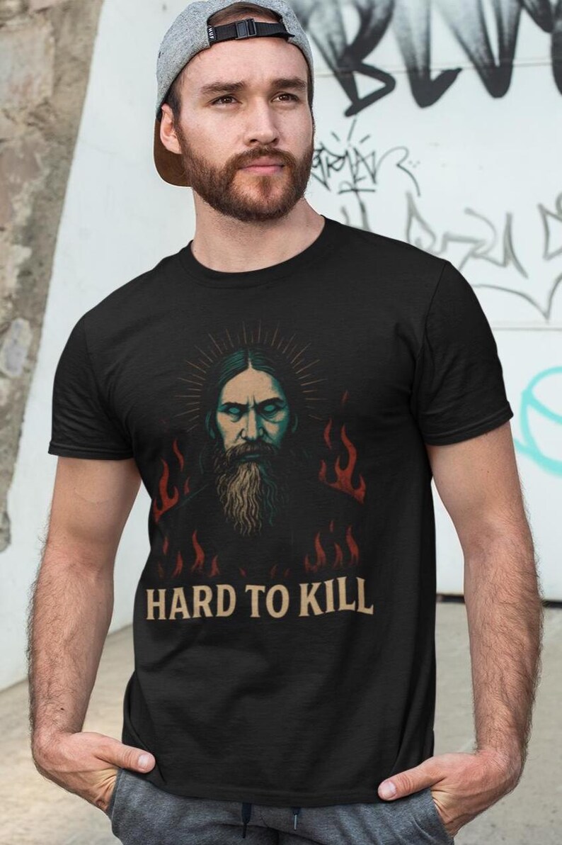 Mystical Rasputin t-shirt featuring a dark grunge occult illustration inspired by the legendary Russian mystic, with gothic aesthetic and esoteric symbolism. Funny dark humor shirt for history lovers, occult fans, and gothic style enthusiasts, designed with a vintage distressed look.
