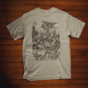 Albrecht Durer The Four Horsemen from The Apocalypse on a T-shirt. Detailed engraving of conquest, war, famine, and death in a classic, comfortable fit