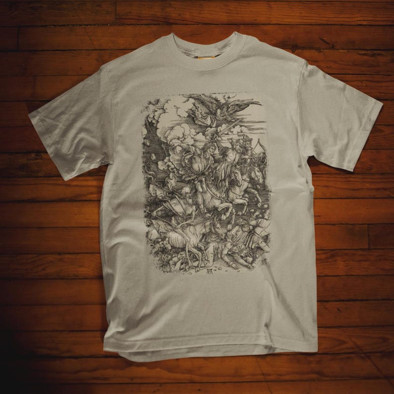 Albrecht Durer The Four Horsemen from The Apocalypse on a T-shirt. Detailed engraving of conquest, war, famine, and death in a classic, comfortable fit