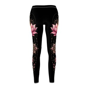 Lotus flower leggings for women featuring a vertical mandala design, spiritual yoga pants with boho aesthetic and divine feminine energy. Perfect meditation clothing, zen outfit for yoga lovers, mindfulness practice, and stylish activewear gift for her.
