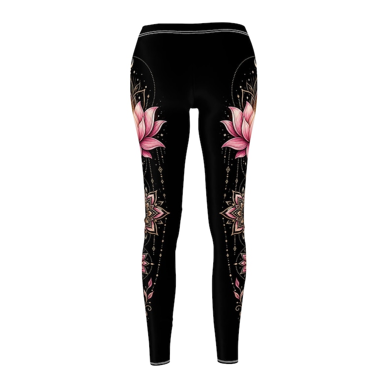 Lotus flower leggings for women featuring a vertical mandala design, spiritual yoga pants with boho aesthetic and divine feminine energy. Perfect meditation clothing, zen outfit for yoga lovers, mindfulness practice, and stylish activewear gift for her.