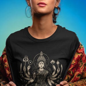 Hindu Goddess Durga T-shirt featuring a divine feminine design, perfect for spiritual lovers. Embrace the power of Durga with this occult mythology shirt. A unique dark goddess apparel piece for those who honor the sacred and mystical