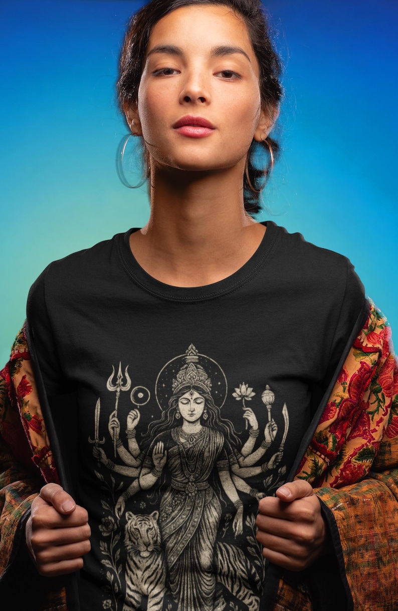 Hindu Goddess Durga T-shirt featuring a divine feminine design, perfect for spiritual lovers. Embrace the power of Durga with this occult mythology shirt. A unique dark goddess apparel piece for those who honor the sacred and mystical
